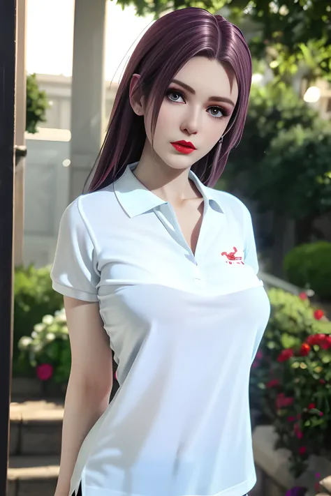 night,moonlight,1 girl,(White polo shirt:1.4),(casual pants),Outdoor activities, (standing posture),grace,(((red lips))), Lips slightly open, clavicle,(huge breasts:1.3),skin shiny,((8k, original photo, top quality, masterpiece)), HD RAW color photos pro...