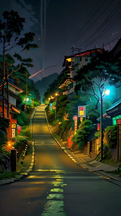 a straight forward road go through a hills area, at the side street lights are present. at the night time