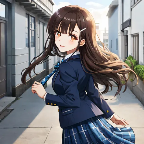 highest quality, (masterpiece:1.2), very detailed, girl looking back at viewer, Glossy lips that make you want to kiss, nice smile, brown eyes, dark brown symmetrical braids, 15 years old, big shiny hair clip, school uniform, Dark blue and navy plaid skirt...