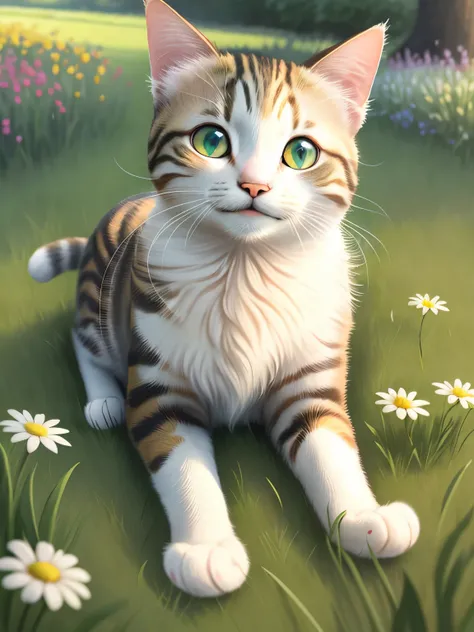 Beautiful cat, eyes open, smiling, grass, flowers, and good lighting