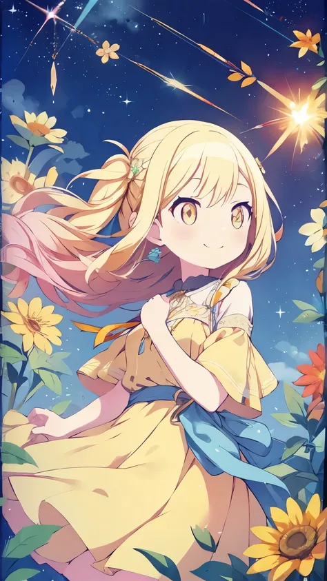beautiful yellow dress、yellow flower、smile、Skirt fluttering in the wind、night sky、Meteors、beautiful eyes、lean body shape、Are thin、yellow eyes