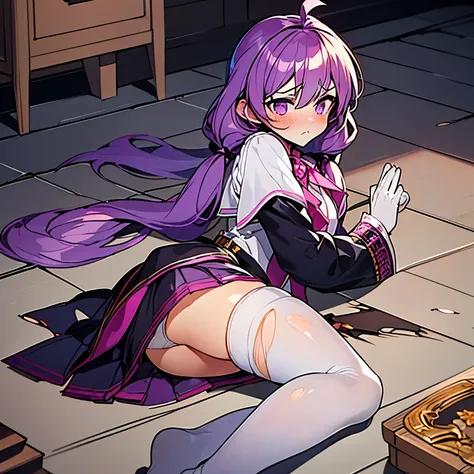 masterpiece, best quality, high quality, exquisite, beautiful, medium hair, purple hair, (((low twintails,))) purple eyes, tsurime, slant eyes, pale skin, shiny skin, skirt, sailor uniform, black thighhighs, teenager, ass forcas, (((underwear,))) (((embarr...