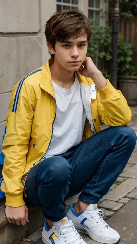 Teenager boy, age 16, light brown short hair. White shirt with blue stripes, yellow jacket, black pants, red sneakers