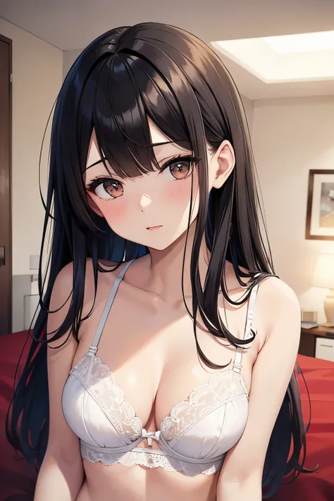 best quality, highres,Slender、brown eyes、tall、black hair、(bangs bangs:1.5)long hair,straight hair、Hotel、dark room、lying on the bed、19 years old、(white lace bra:1.5)、(Female college student:1.3)、 7heads tall
