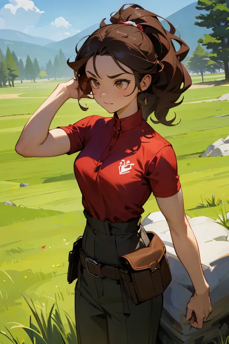 avatar, red shirt, young female, hazel eyes, brown hair, rock terrain, grass background, long hair, muscular, curly hair,
