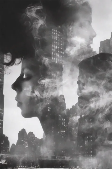 black and white double exposure, manhattan, RoxieCipher smoking a (smkingdang-step-220:1.1), surrealism, nautilus, 1950s, jean-luc godard , french new wave 