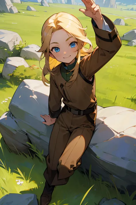 avatar, brown outfit, young male, blue eyes, blonde hair, rock terrain, grass background, long hair, kid, smiling
