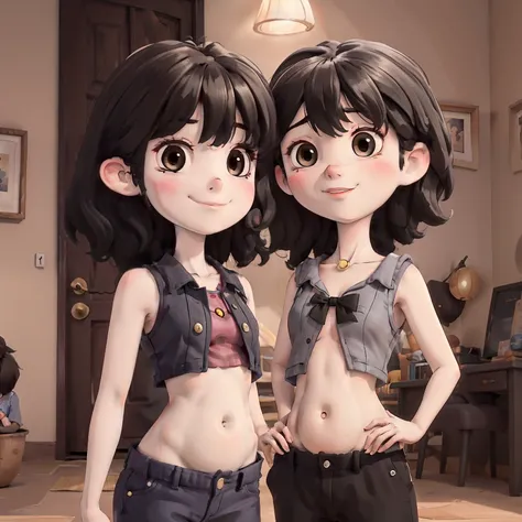 There are two people in the picture，One is a little boy with black hair and a small belly，The other is a little girl with black hair and a small belly