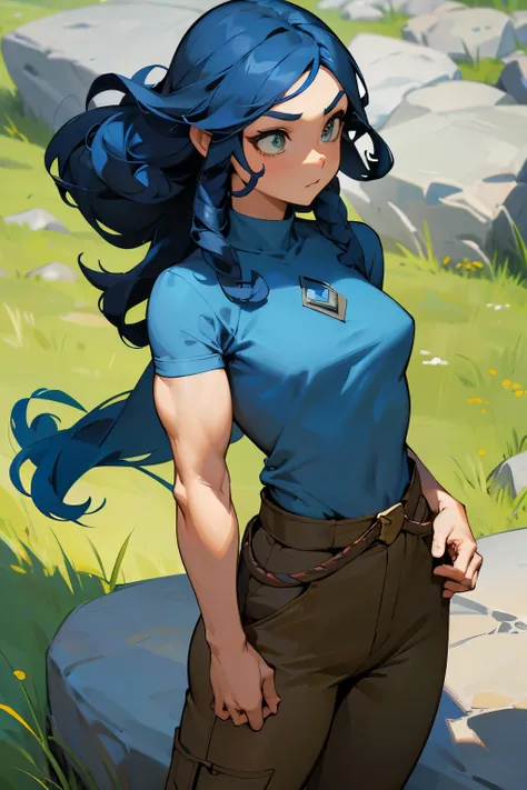 avatar, blue shirt, young female, hazel eyes, blue hair, rock terrain, grass background, long hair, muscular, curly hair,
