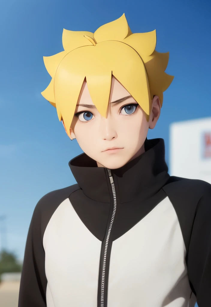 uzumaki boruto in anime boruto, 1 boy,  masterpiece, highest quality,upper body,portrait, looking at the viewer,close,  white sh...