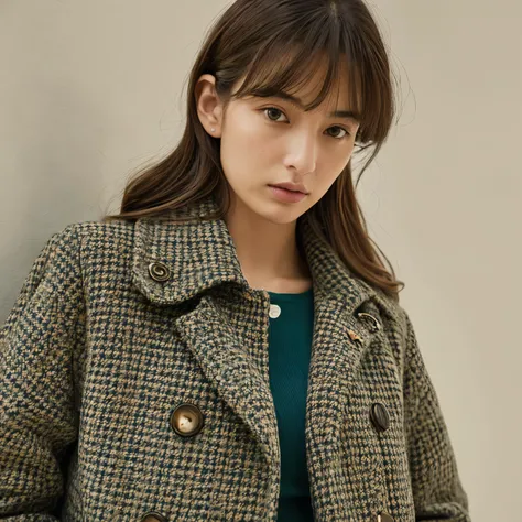 A young woman stands leaning against a pale wall, her gaze slightly averted downwards, embodying a contemplative mood. She is dressed in a classic, houndstooth-patterned coat with a prominent dark green belt cinching at the waist. The coat’s rich texture s...