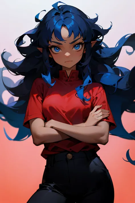 avatar, red shirt,black pants, young female, blue eyes, blue hair, long hair, curly hair, arms crossed, brown skin