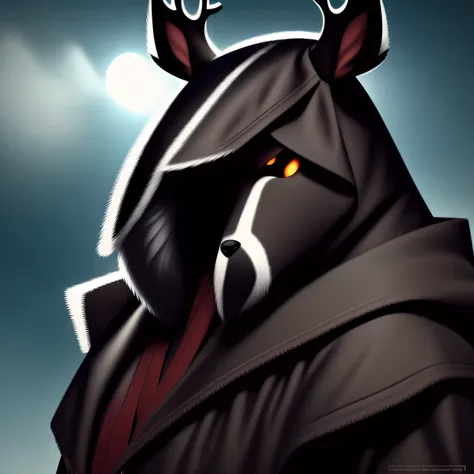 masterpiece, best quality, ultra-detailed, 1man, solo, dark atmosphere, dark, big reindeers over the head, hood, hood over the f...