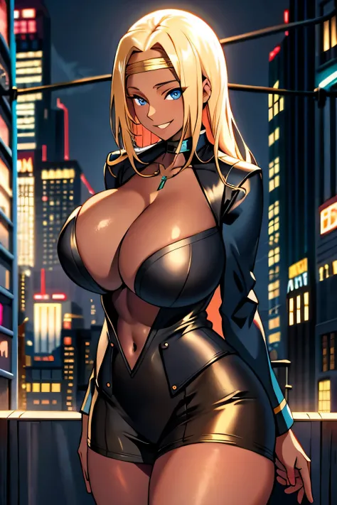 long blonde hair, colored skin, brown skin, blue eyes, solo, smiling, standing, upper body, hips, gigantic breasts, black clothes, cleavage