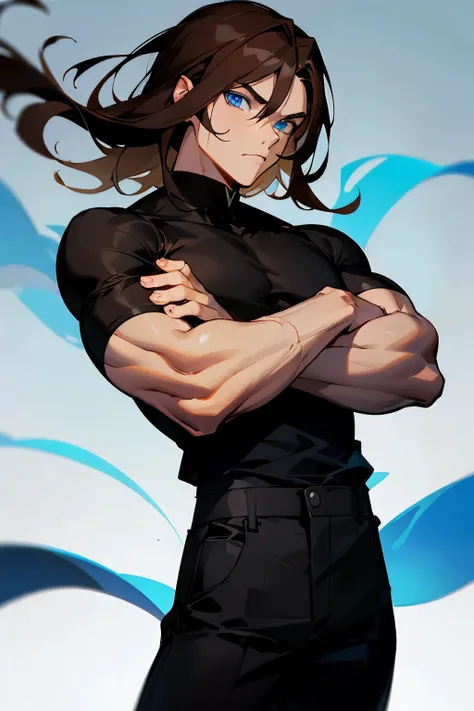 avatar, long black shirt,black pants, young male, blue eyes, brown hair, medium length hair, muscular, arms crossed