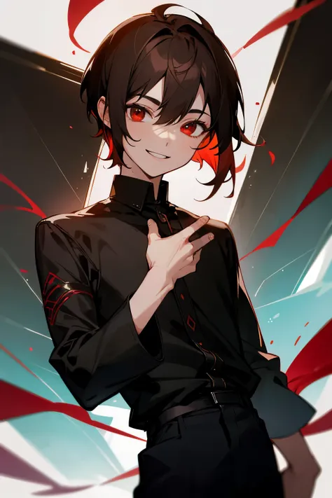 avatar, long black shirt,black pants, young male, red eyes, brown hair, short hair, smiling, jewlery