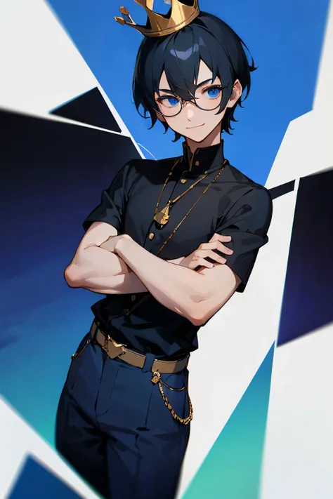 avatar, long black shirt,blue pants, young male, blue eyes, black hair, short hair, smiling, crown, glasses, arms crossed