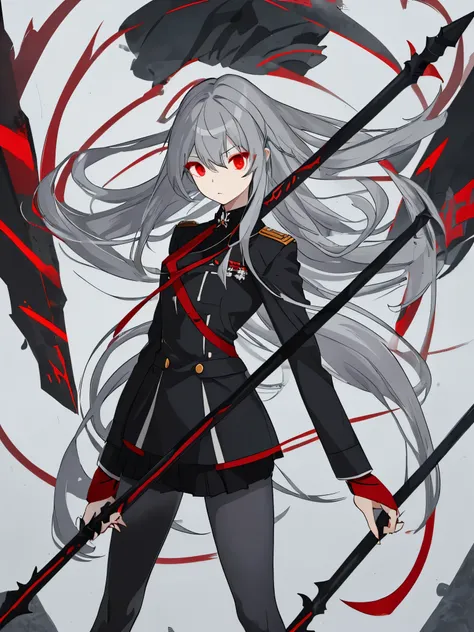 gray hair　red eyes　long hair　　uniform　black tights　hold a spear　cool