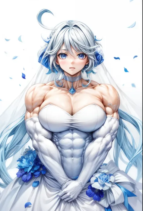 best quality,furina (genshin impact), , biceps, muscular ,alternate muscle size,wedding dress,flowers,hyper muscle,covered abs, thick arms,pecs, broad shoulders, 