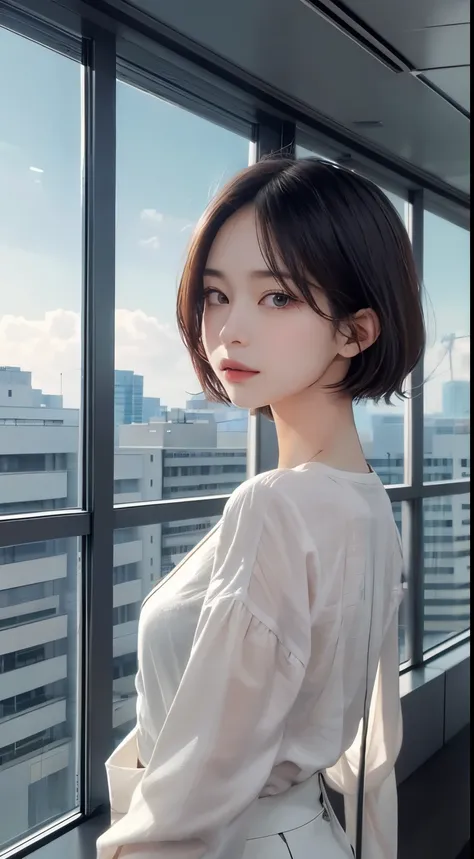 highest quality, ultra high resolution,  beautiful Eyes, very short hair, beautiful,Working on the 6th floor of Akasaka Building、 perfect style, perfect balance, fine skin、looking at camera,face focus,Backlight