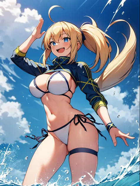 masterpiece,(ultra-detailed),1girl, mysterious heroine xx (fate), smile,open mouth, swimsuit, white bikini, side-tie bikini bottom, shrug (clothing), jacket,  thigh strap, wristband,  large_breasts, ocean, splashing,blonde_ponytail,open_legs,