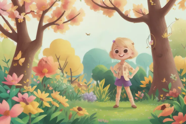 Littke blonde hair girl standing in her yard with a big smile, surrounded by colorful flowers and trees. Redbirds are perched on branches nearby, chirping happily.