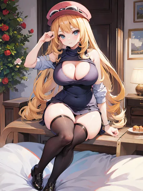 Serena, big breast, wearing a sweater and stockings, cleavage 