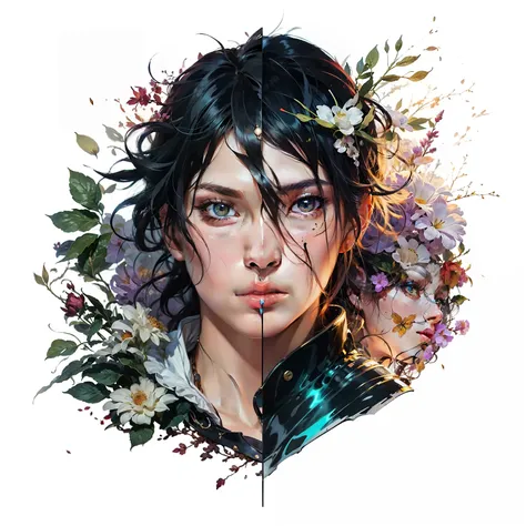 anime character with flowers and leaves on his head, Edmund Blair e Charlie Bowater, official illustration, Impressionante retrato de rosto de anime, fanart requintada altamente detalhada, black and white manga style, handsome guy in demon slayer art, symm...