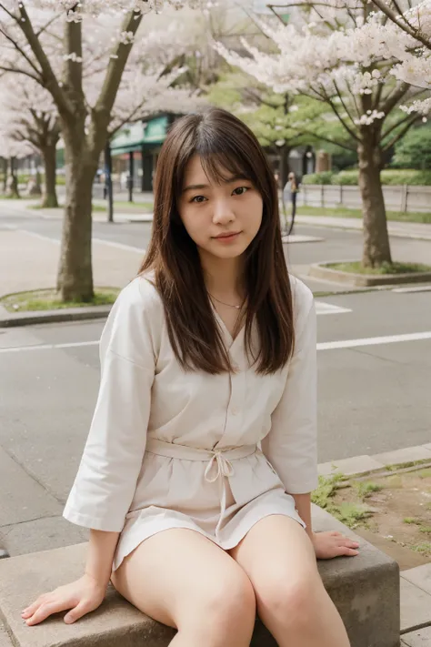 a typical japanese girl from tokyo, 20 y.o., cute face, with a little european facial features, Enjoying sakura blossom, sitting in a park with friends