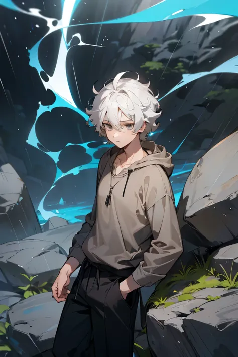 avatar, grey shirt, young male, hazel eyes, white hair, rock terrain, curly hair,, raining, long black pants, brown hoodie, blue necklace,