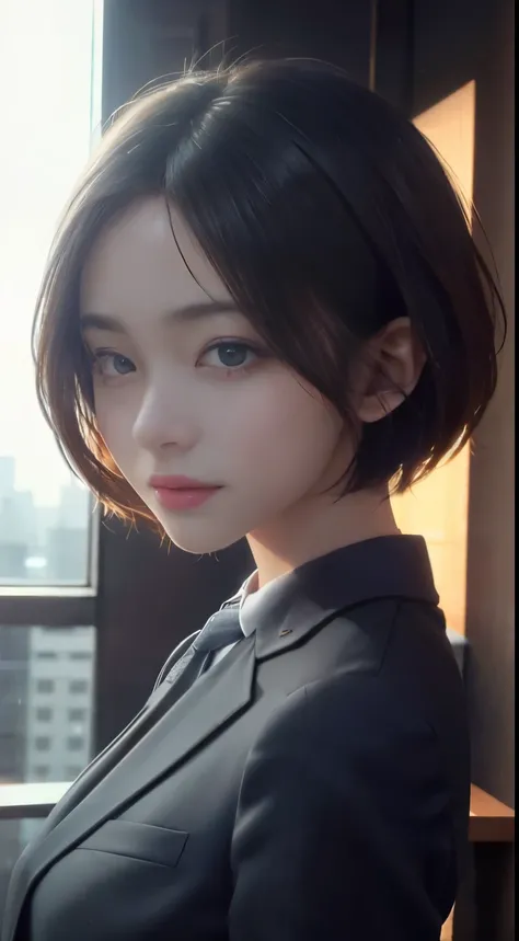 highest quality, ultra high resolution,  beautiful Eyes, very short hair, beautiful,Working on the 6th floor of Akasaka Building、 perfect style, perfect balance, fine skin、looking at camera,face focus,Backlight