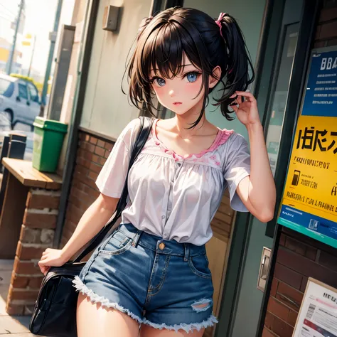 Girl with short black hair with two ponytails dressed in kawaii jojifuku with a short light blue denim skirt and a small Hello Kitty bra