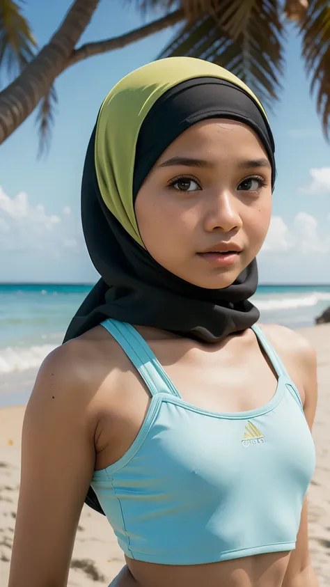 Tiny (Wearing Swimsuit), (((HIJAB MALAY GIRL))), masutepiece, High quality, UHD 32K, Realistic face, Realistic skin feeling , A Malay Lady, 8 years old, , Very cute and baby-like face, (((FLAT CHEST))), (MATRIX WORLD), ((look In front  at the camera and SA...