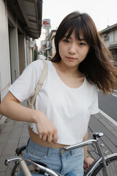 a typical japanese girl from tokyo, 20 y.o., cute face, with a little european facial features, riding a bike on her way to the work in the morming