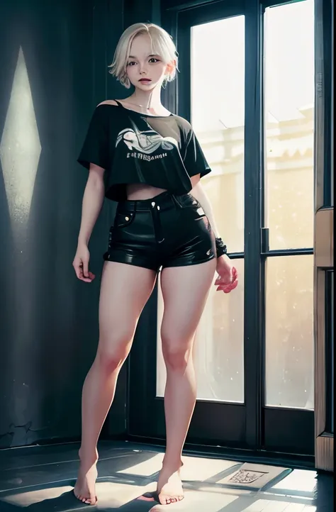 full body shot,perfect face, albino skin, she wears a short shirt with straps, and very short black shorts and is barefoot.