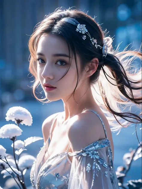 (((masterpiece))), best quality, illustration, 4k wallpaper, movie lighting, absurd, 1 girl,(snow,ice), snow花, in winter, white hair, shiny hair, curls, transparent clothes, frills, lace, wet clothes, leave_Shoulder, hair tie,masterpiece, telephoto lens, a...