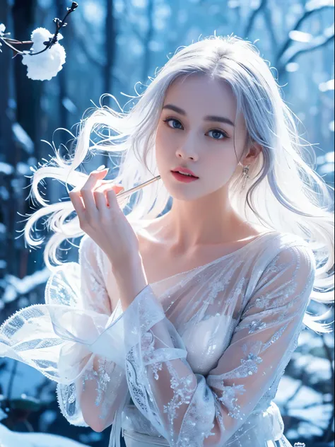 (((masterpiece))), best quality, illustration, 4k wallpaper, movie lighting, absurd, 1 girl,(snow,ice), snow花, in winter, white ...