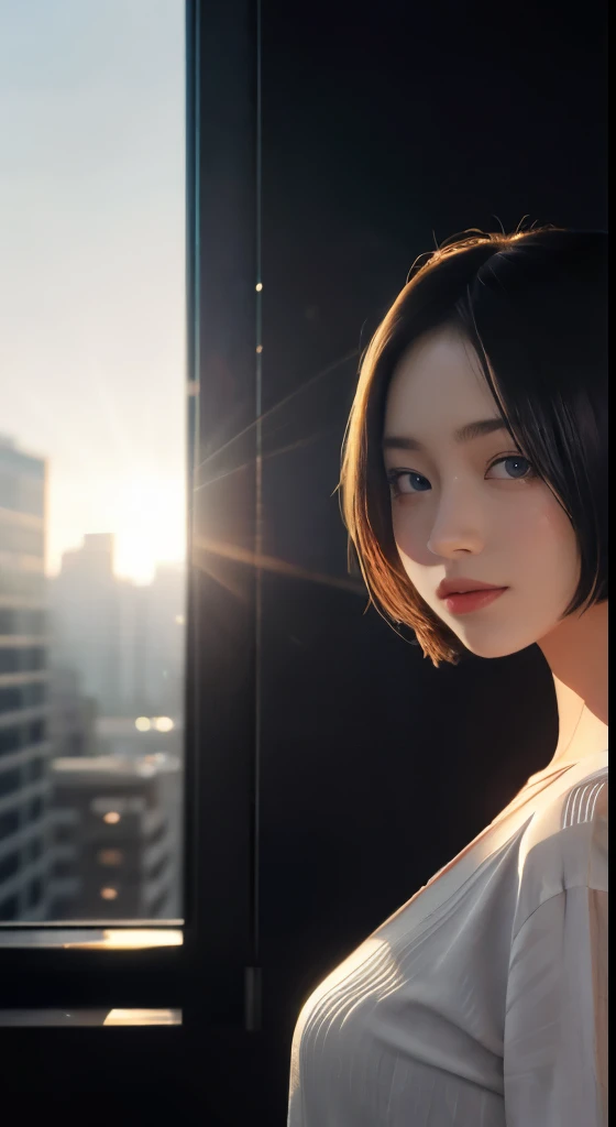 highest quality, ultra high resolution,  beautiful Eyes, very short hair, beautiful,Working on the 6th floor of Akasaka Building、 perfect style, perfect balance, fine skin、looking at camera,face focus,Backlight