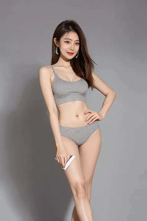 1girl, (gray background:1.5),looking at viewer,(underwear:1.3) ,long hair, makeup,fashion model,picture-perfect face,flowing hair,shiny skin,full body,full body,(Shooting background board,photostudio),(simple),(masterpiece, top quality),master piece,profes...