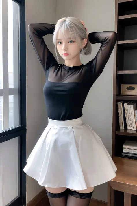 (((1 girl)),ray tracing,(dim lighting),[detailed background (living room)),((silver hair)),(silver hair)),((Fluffy silver hair, chubby and slender girl)) with a high ponytail))) Avoid golden eyes in the ominous living room ((((The girl is wearing a white o...