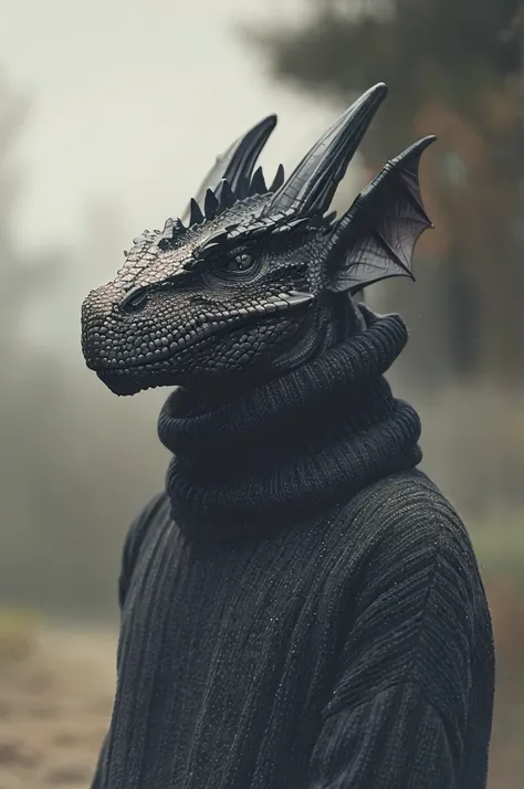 (best quality, masterpiece:1.2), a black dragon wearing a turtleneck sweater, clean lines, 8k, hdr, pbr, uhd