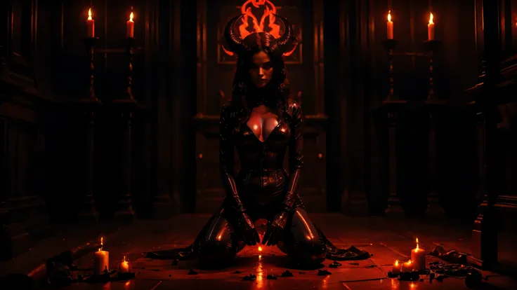 demon sexy woman in latex kneeling during a satanic ritual, small , satanic ritual, front view, scary background, demonic woman,...