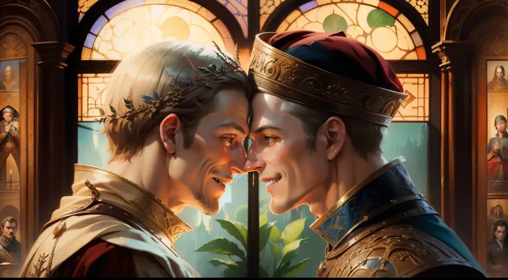 arafed image of two men in medieval clothing smiling and  facing each other, renaissance digital painting, darius zawadzki and tom bagshaw, donato giancola and tom bagshaw, biopic, inspired by Hubert van Eyck, inspired by Brothers Hildebrandt, historical a...