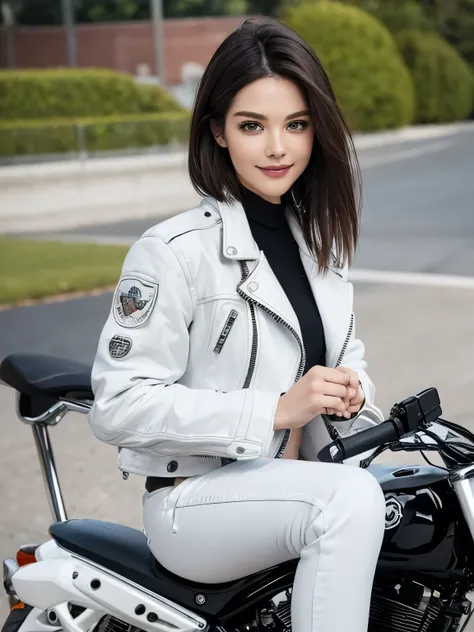 ((highest quality)), ((masterpiece)), (detailed motorcycle), perfect face、Accurate five-fingered hands、double eyelids、small face、realistic skin texture、full body shot、long legs、Beauty、((white jacket and pants))、smile、slender body、Moist eyes、((spread legs))...