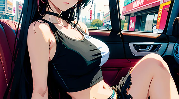 4K, A high resolution, Best quality at best, masterpiece, perfect colors, perfect shadow, perfect litthing, ((sportrait)), Anime girl sitting in car with hand on chin, Anime visuals of cute girls, Seductive Anime Girl, charming anime girls, anime styled, H...