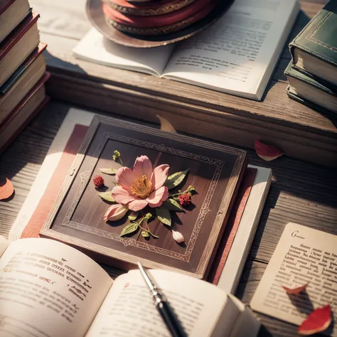 top view，red books on wooden table, Some flower petals are scattered on the table, Professional photography, light, intricate details, Surreal, Realistic texture, Landscape background in complementary colors, Details--Automatic