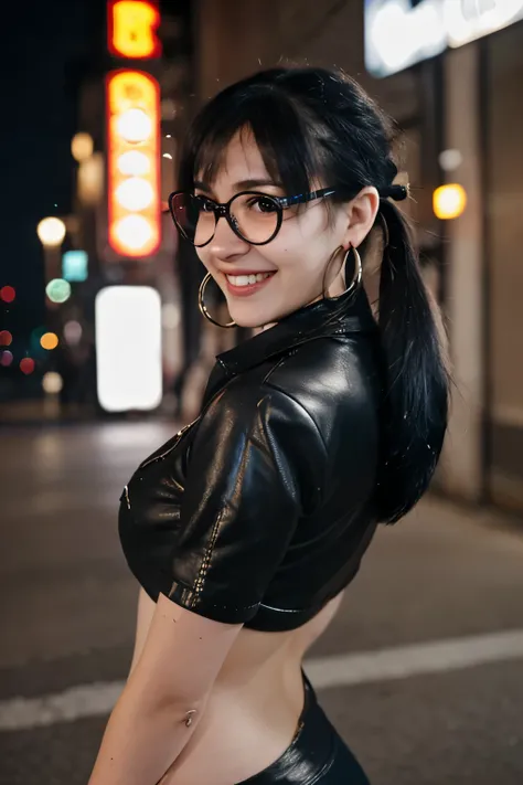 young swedish biker girl, short black hair, nice body, black eyes, smiling, walking down the street, night, illuminated advertisements, neon light reflections, short twintails, bespectacled, longeyelashes, hoop earrings, naughty face, naughty, unconscious,...