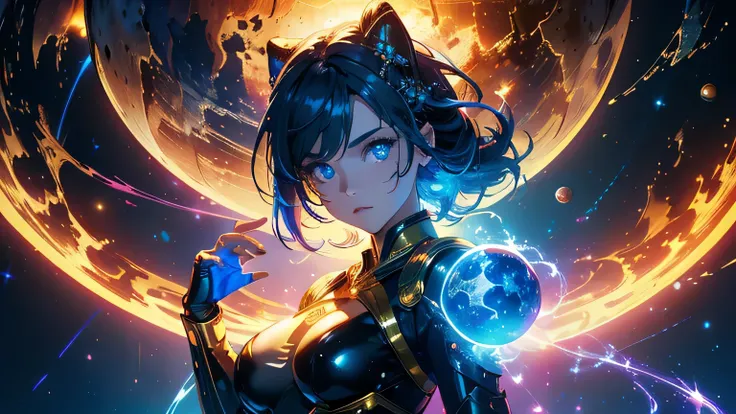 (masterpiece), best quality, a cute girl floating in the space holding a planet, ((holding)), sphere, ((glow, planet glow)), perfect face, expressive eyes, (blue Tight crop top gold leather suit), (big breast), (open half breast), , spiral galaxy, astronom...