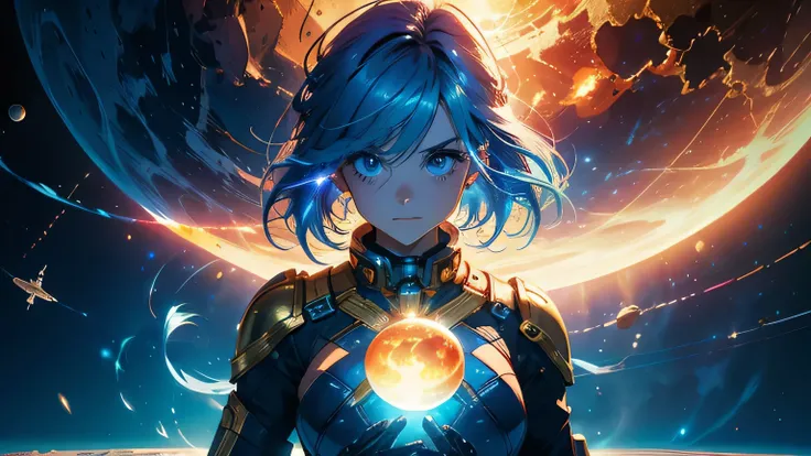 (masterpiece), best quality, a cute girl floating in the space holding a planet, ((holding)), sphere, ((glow, planet glow)), perfect face, expressive eyes, (blue Tight crop top gold leather suit), (big breast), (open half breast), , spiral galaxy, astronom...