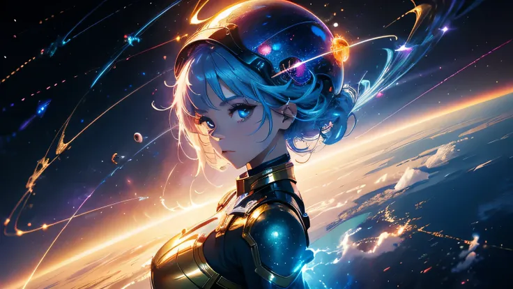 (masterpiece), best quality, a cute girl floating in the space holding a planet, ((holding)), sphere, ((glow, planet glow)), perfect face, expressive eyes, (blue Tight crop top gold leather suit), (Medium breast), (open half breast), , spiral galaxy, astro...